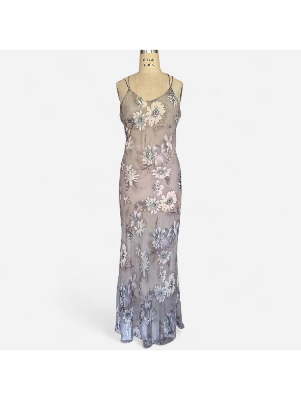 Vintage 90s Fairy Grey Floral Mesh Overlay Maxi Dress